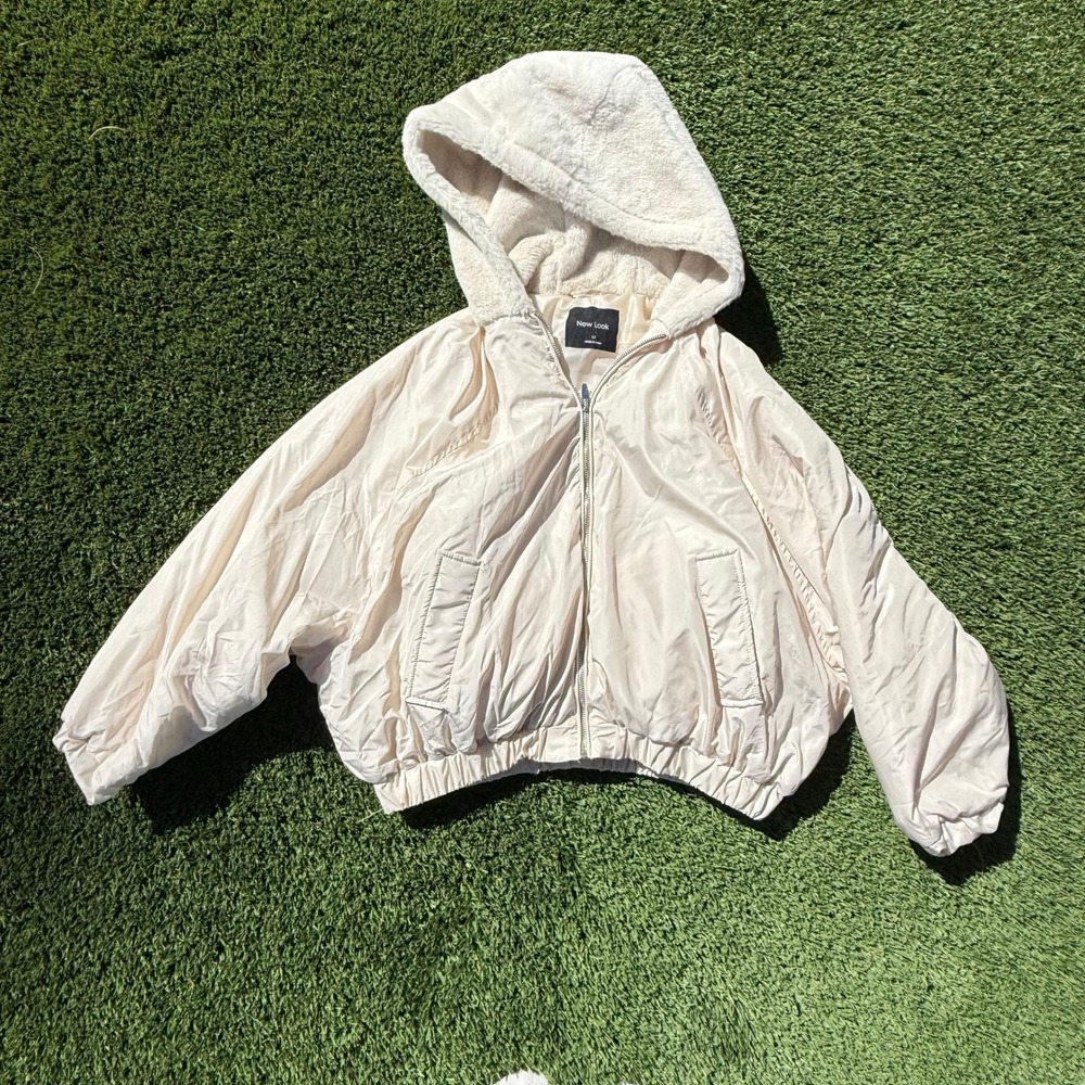 New Look Womens Cream Bomber Jacket Faux Fur Lined‎ Hood Full Zip Size Medium